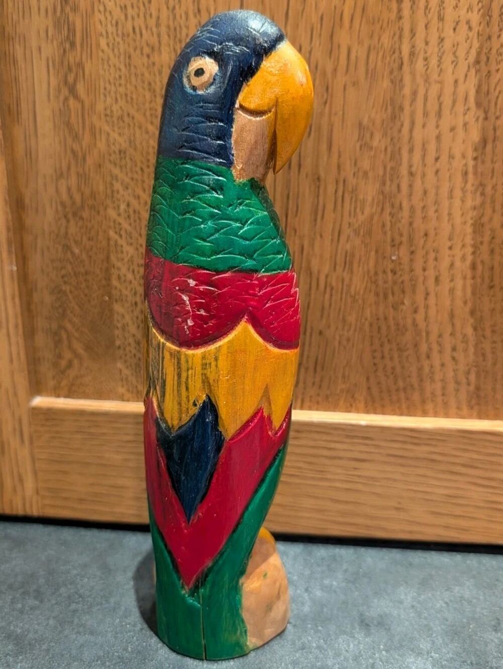 VTG Folk Art Wood Hand Carved Parrot Jamaica Handpainted Bird On Perch Sculpture